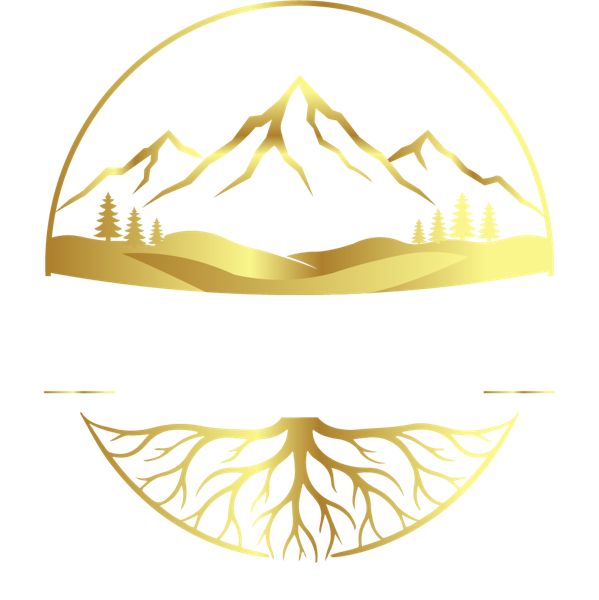 Valley Roots Real Estate emblem of a mountain, valley and tree roots